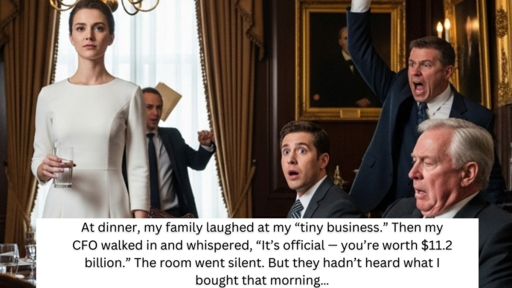 At dinner, my family laughed at my “tiny business.” Then my CFO walked in and whispered, “It’s official — you’re worth $11.2 billion.” The room went silent. But they hadn’t heard what I bought that morning…